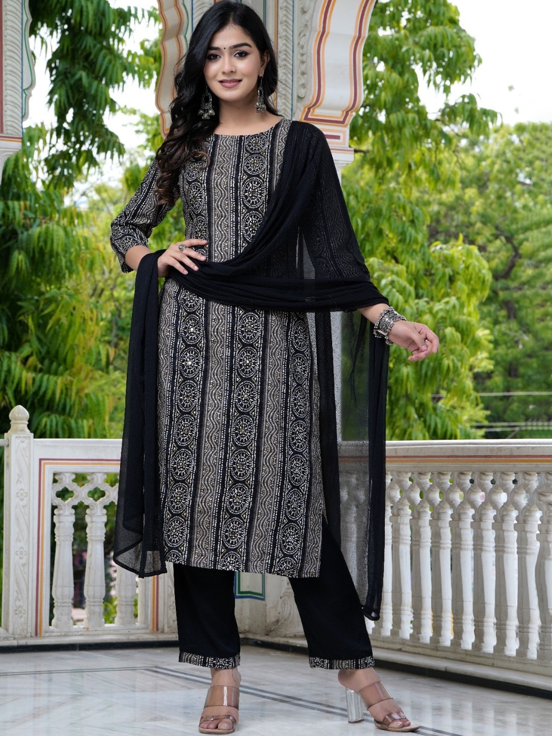 

Hatheli Ethnic Motifs Printed Mirror Work Kurta With Trousers & Dupatta, Black