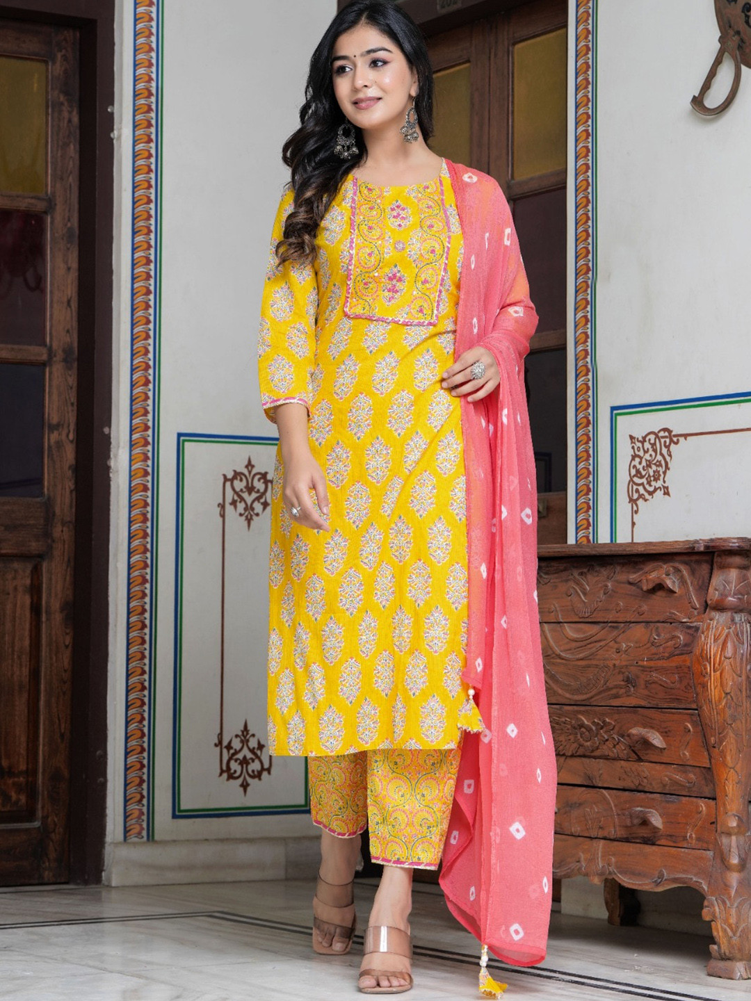 

Hatheli Ethnic Motifs Printed Gotta Patti Pure Cotton Kurta With Palazzos & Dupatta, Yellow