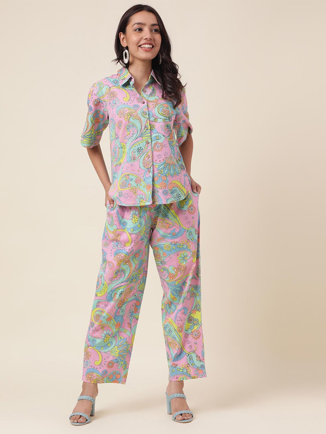 

Fabindia Floral Printed Shirt with Trousers, Pink