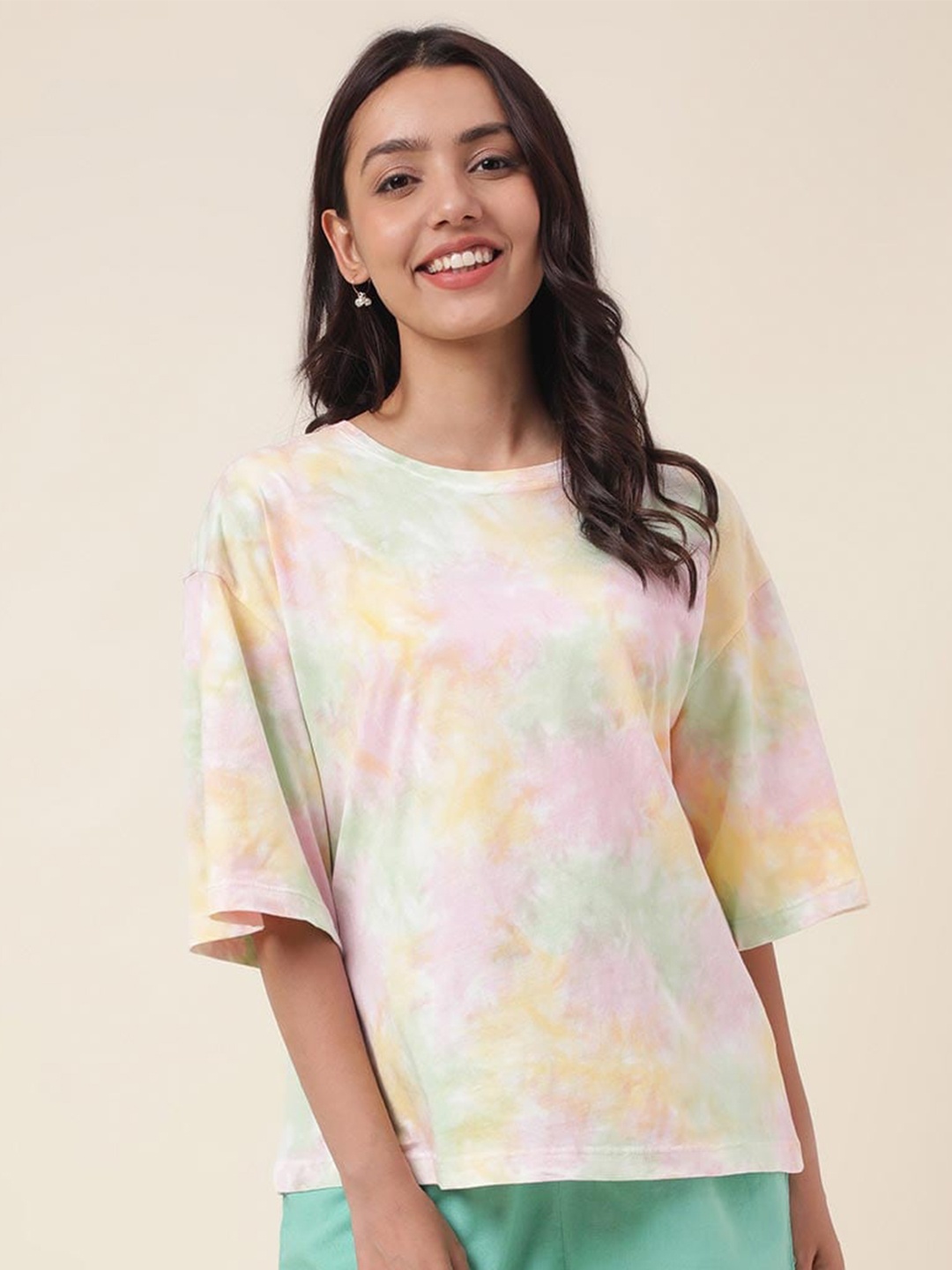 

Fabindia Tie & Dye Drop-Shoulder Sleeves Cotton T-Shirt, Green