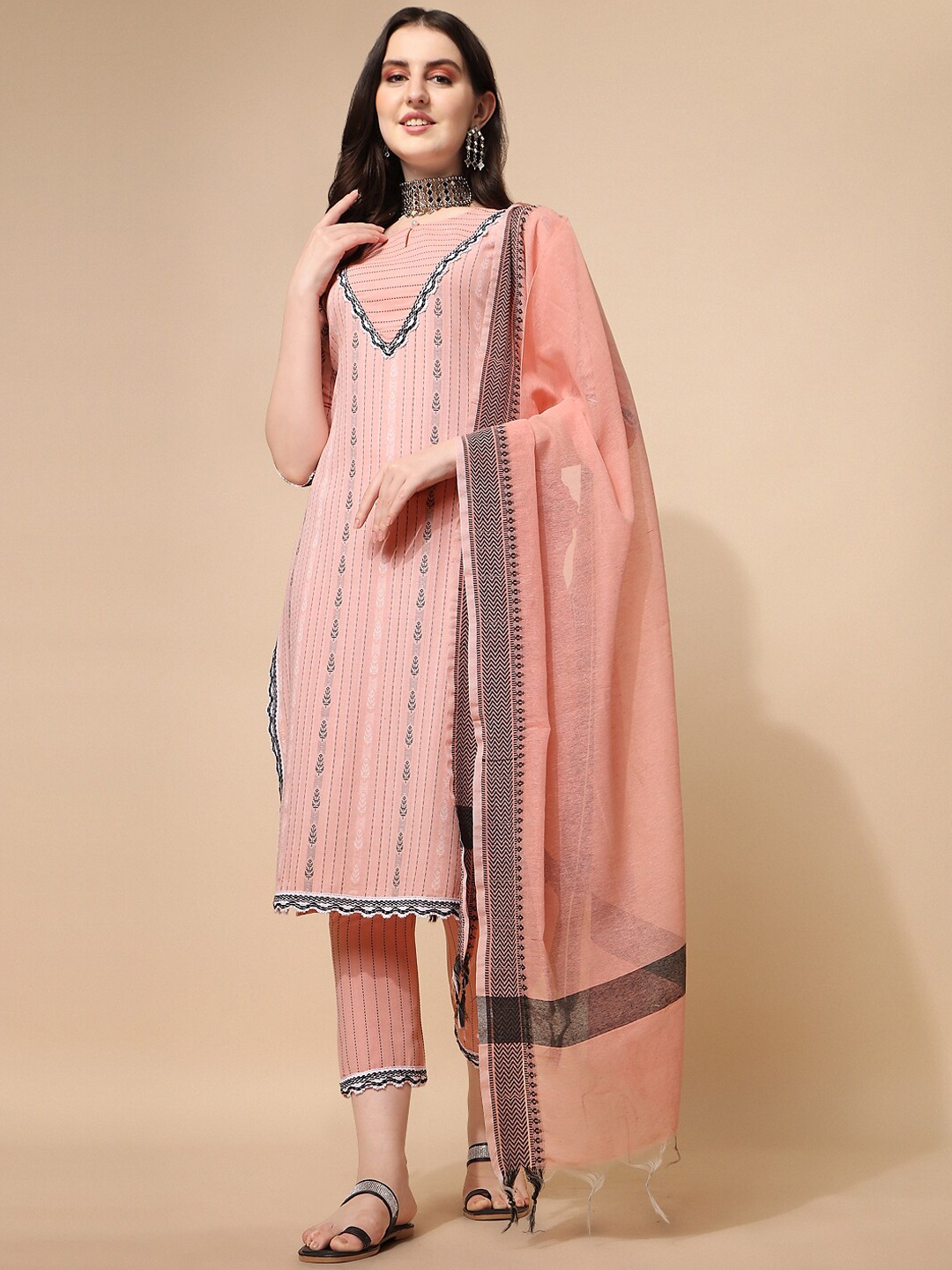 

NAINVISH Striped Kurta With Trousers & With Dupatta, Pink