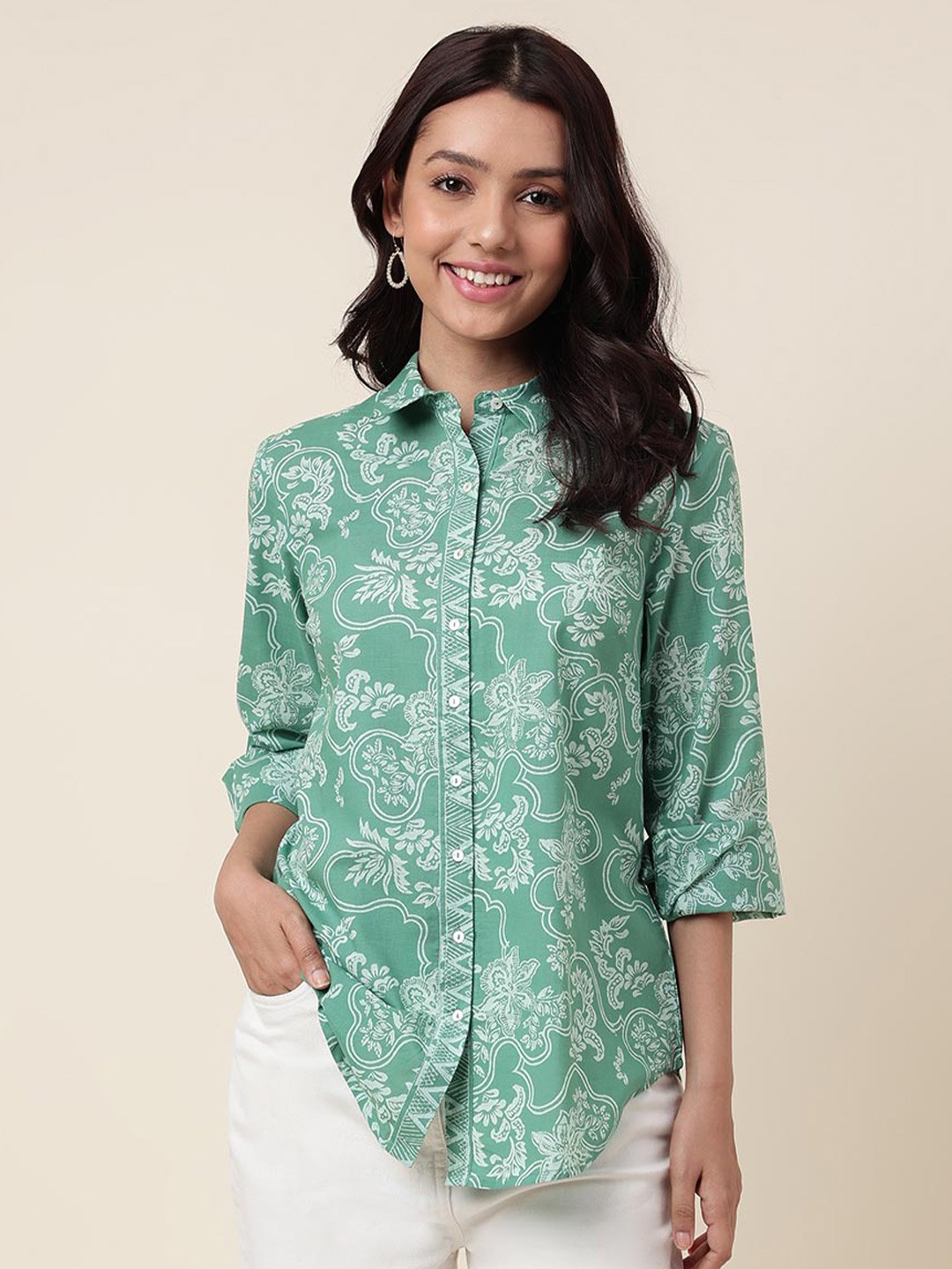 

Fabindia Floral Printed Cotton Casual Shirt, Green