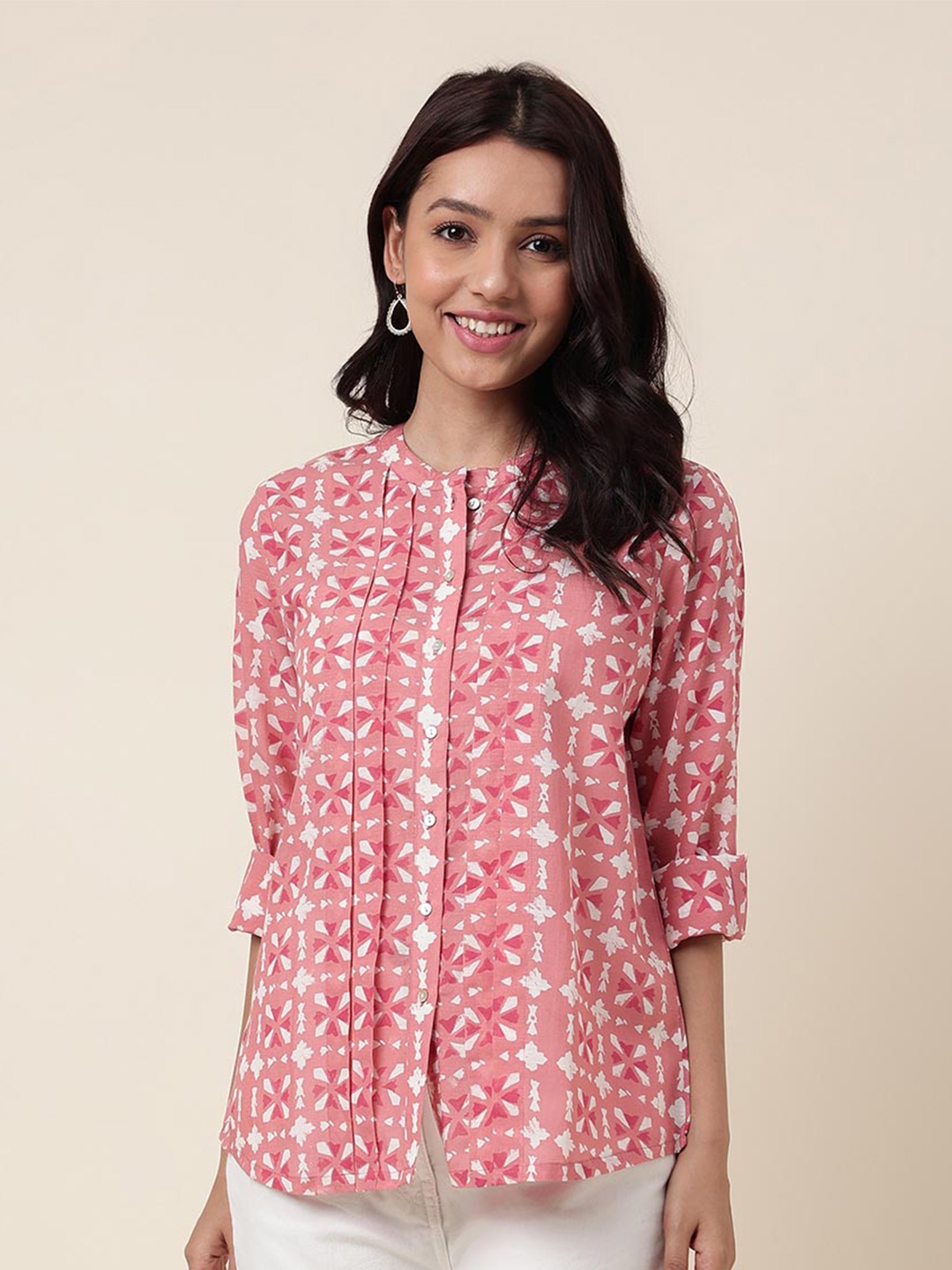 

Fabindia Abstract Printed Pin tucks Casual Shirt, Pink