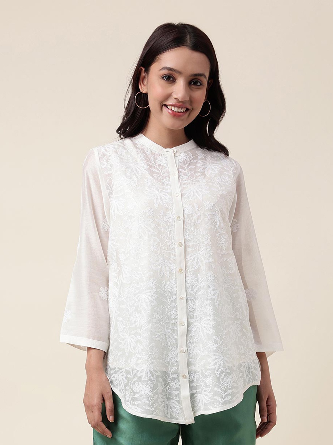 

Fabindia Floral Embroidered Cotton Mandarin Collar Shirt Style Top, White