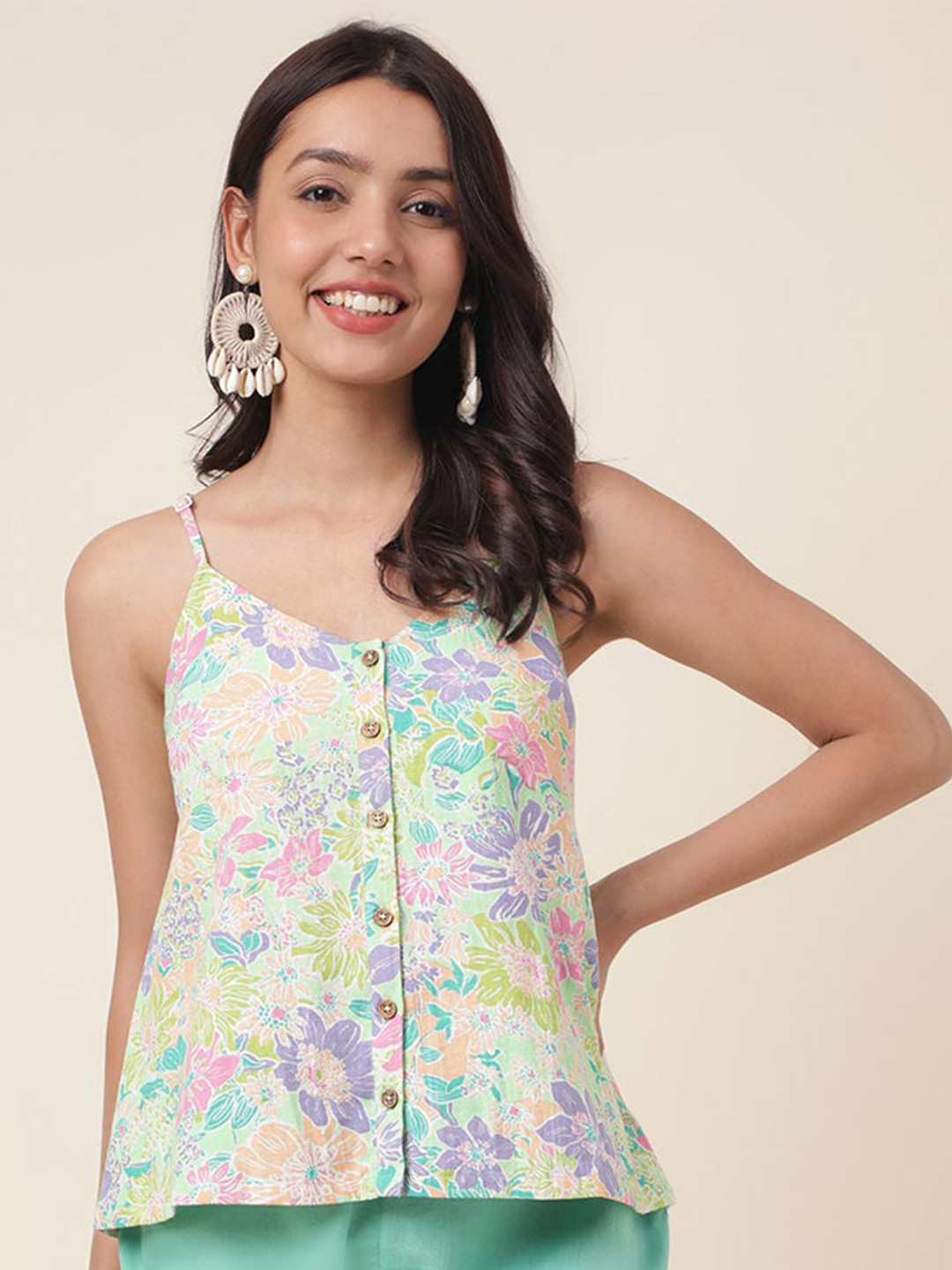 

Fabindia Floral Printed Cotton Top, Green
