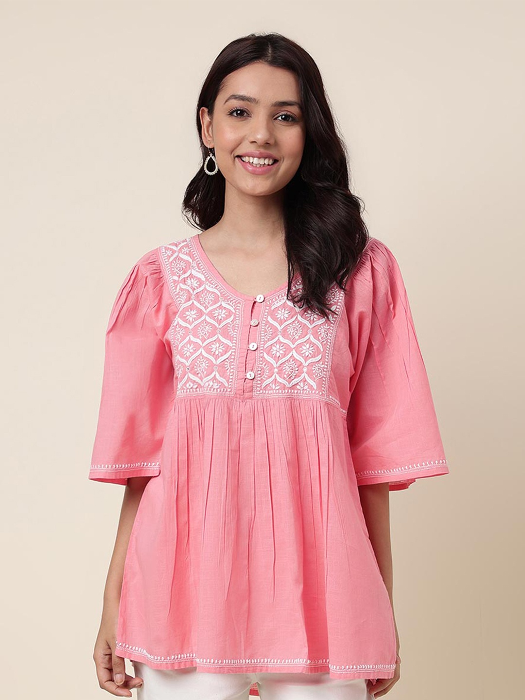 

Fabindia Floral Embroidered Cotton Longline Top, Pink