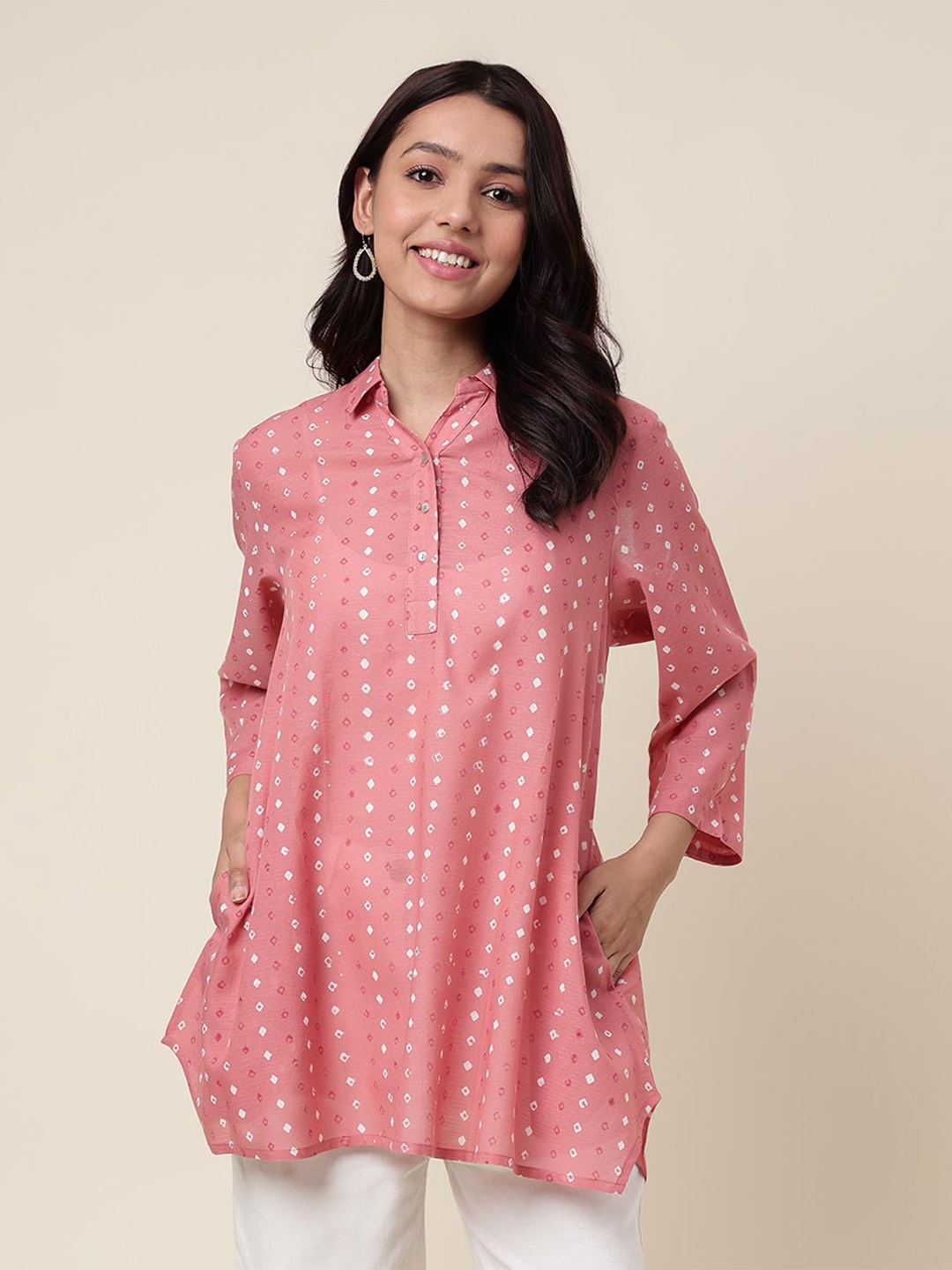 

Fabindia Geometric Printed Shirt Collar Tunic, Pink