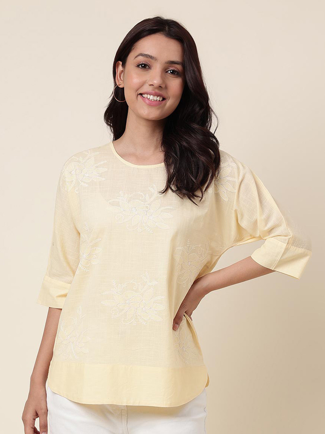 

Fabindia Floral Embroidered Cotton Top, Yellow