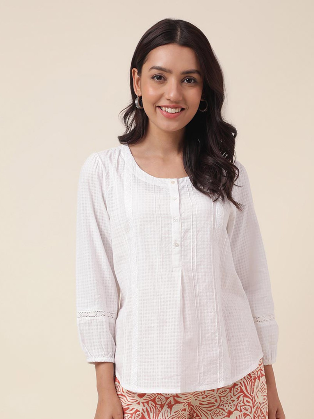 

Fabindia Self Design Cotton Puff Sleeves Top, White