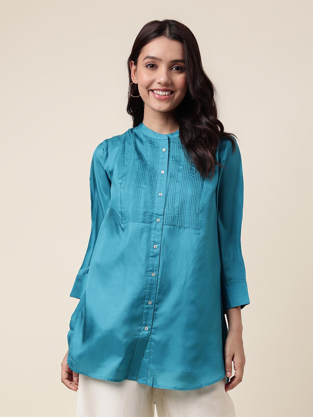 

Fabindia Pintucks Mandarin Collar Silk Tunic, Teal