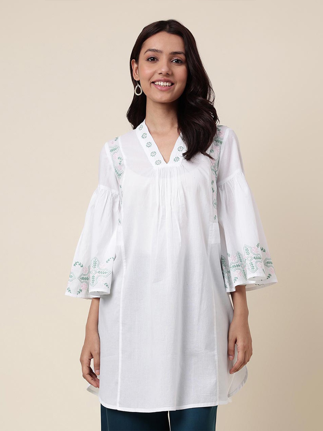 

Fabindia Floral Embroidered Cotton Tunic, White