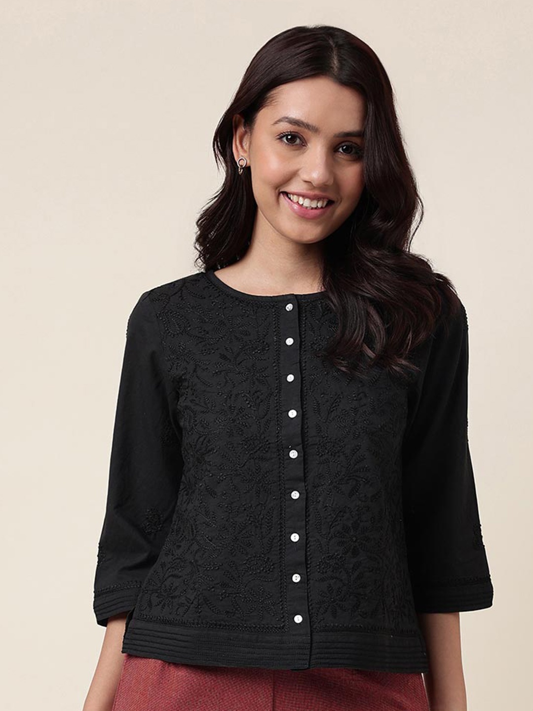

Fabindia Floral Embroidered Cotton Top, Black