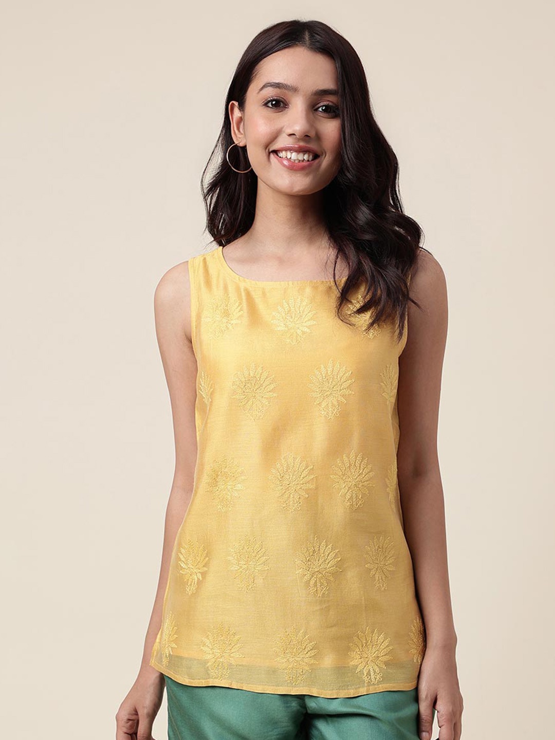 

Fabindia Floral Embroidered Sleeveless Top, Yellow