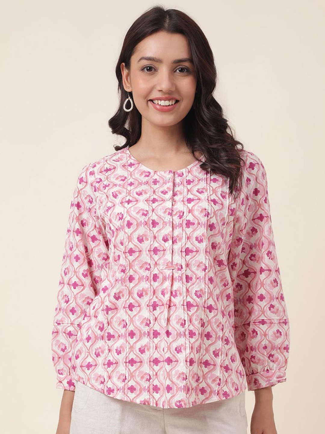 

Fabindia Floral Printed Cotton Puff Sleeve Top, Pink