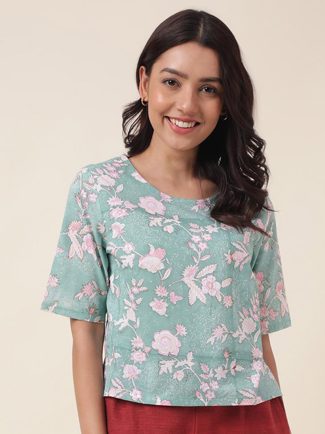 

Fabindia Floral Printed Cotton Top, Blue