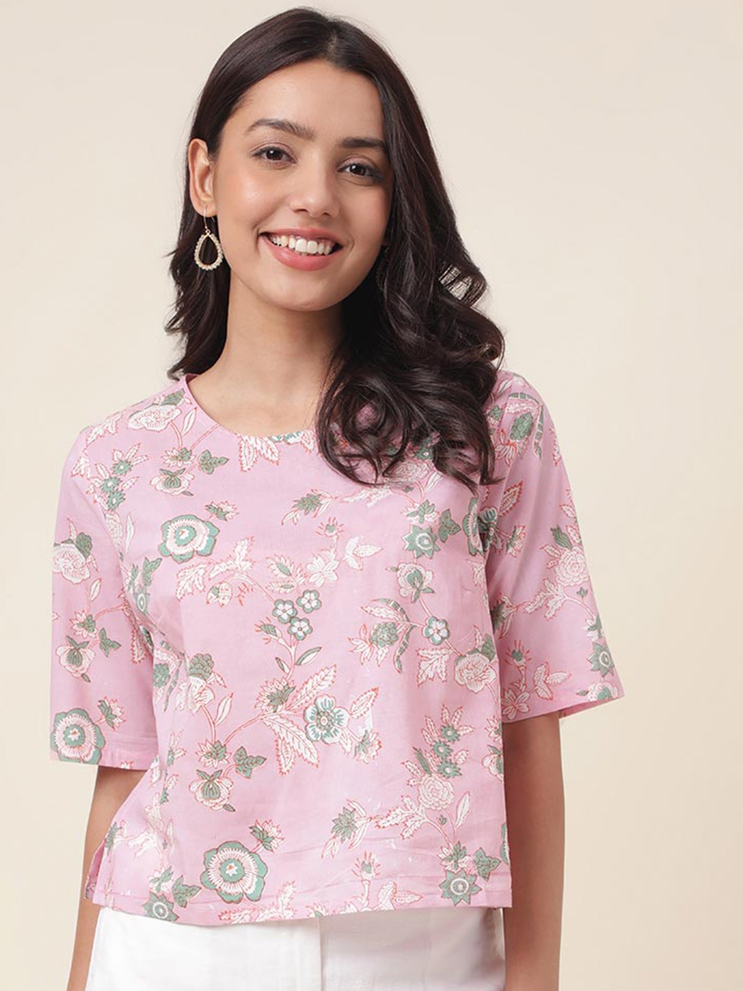 

Fabindia Floral Printed Cotton Top, Pink
