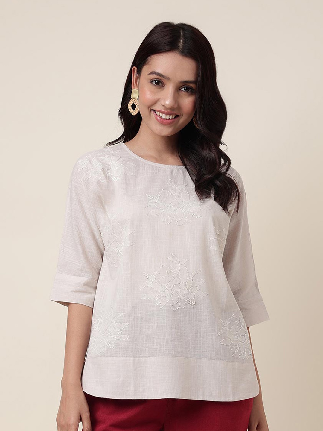 

Fabindia Floral Embroidered Cotton Top, Beige