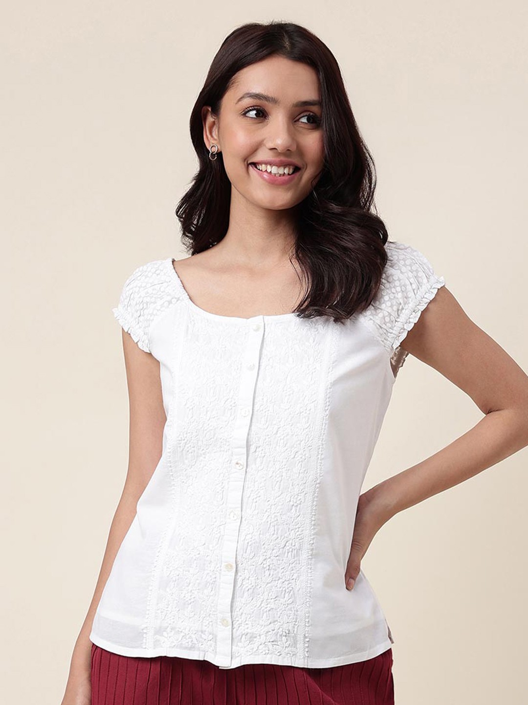 

Fabindia Floral Embroidered Cotton Top, White