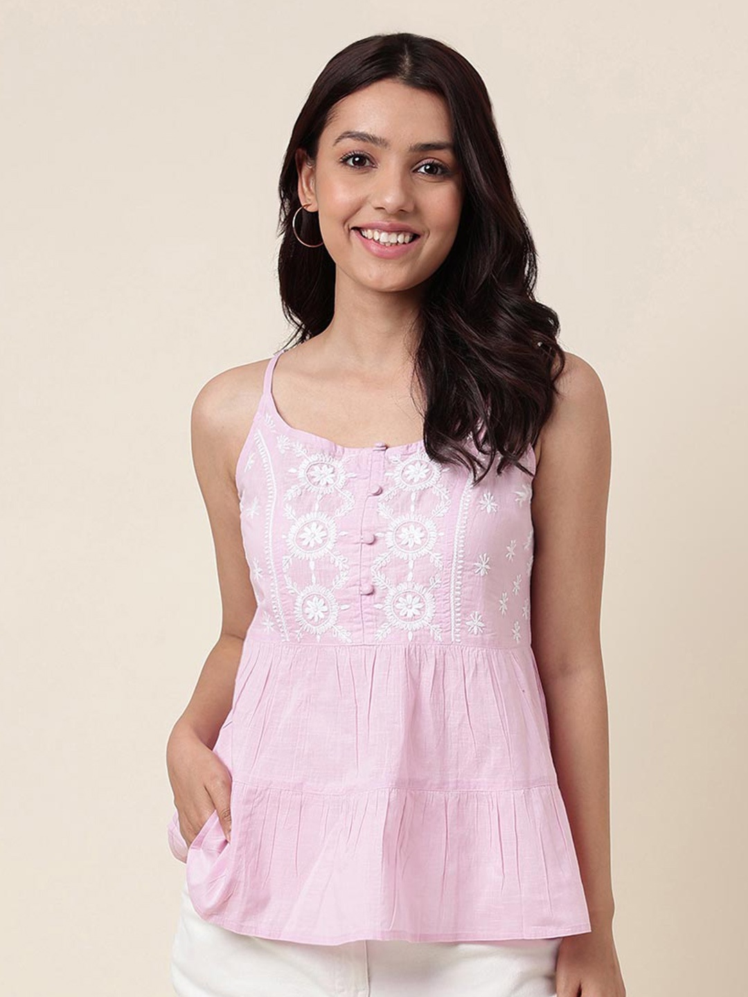 

Fabindia Lavender Floral Embroidered Cotton A-Line Top, Pink