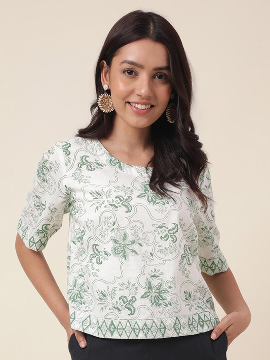 

Fabindia Floral Printed Cotton Top, Green