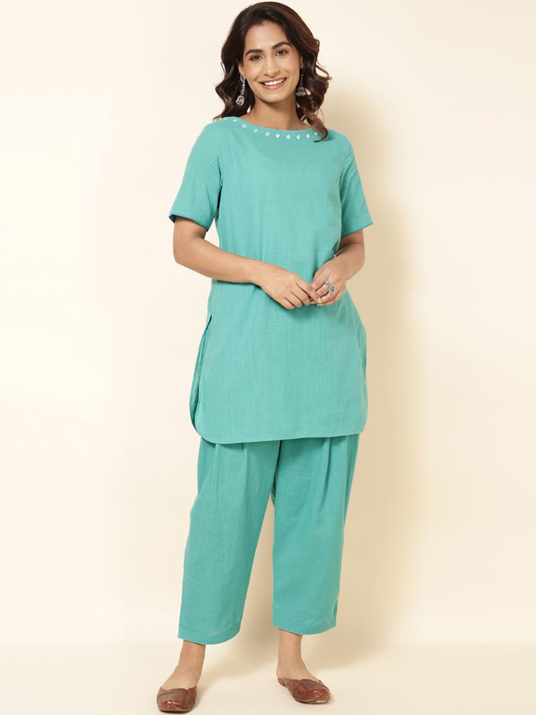 

Fabindia Boat Neck Pure Cotton Kurta with Salwar, Sea green