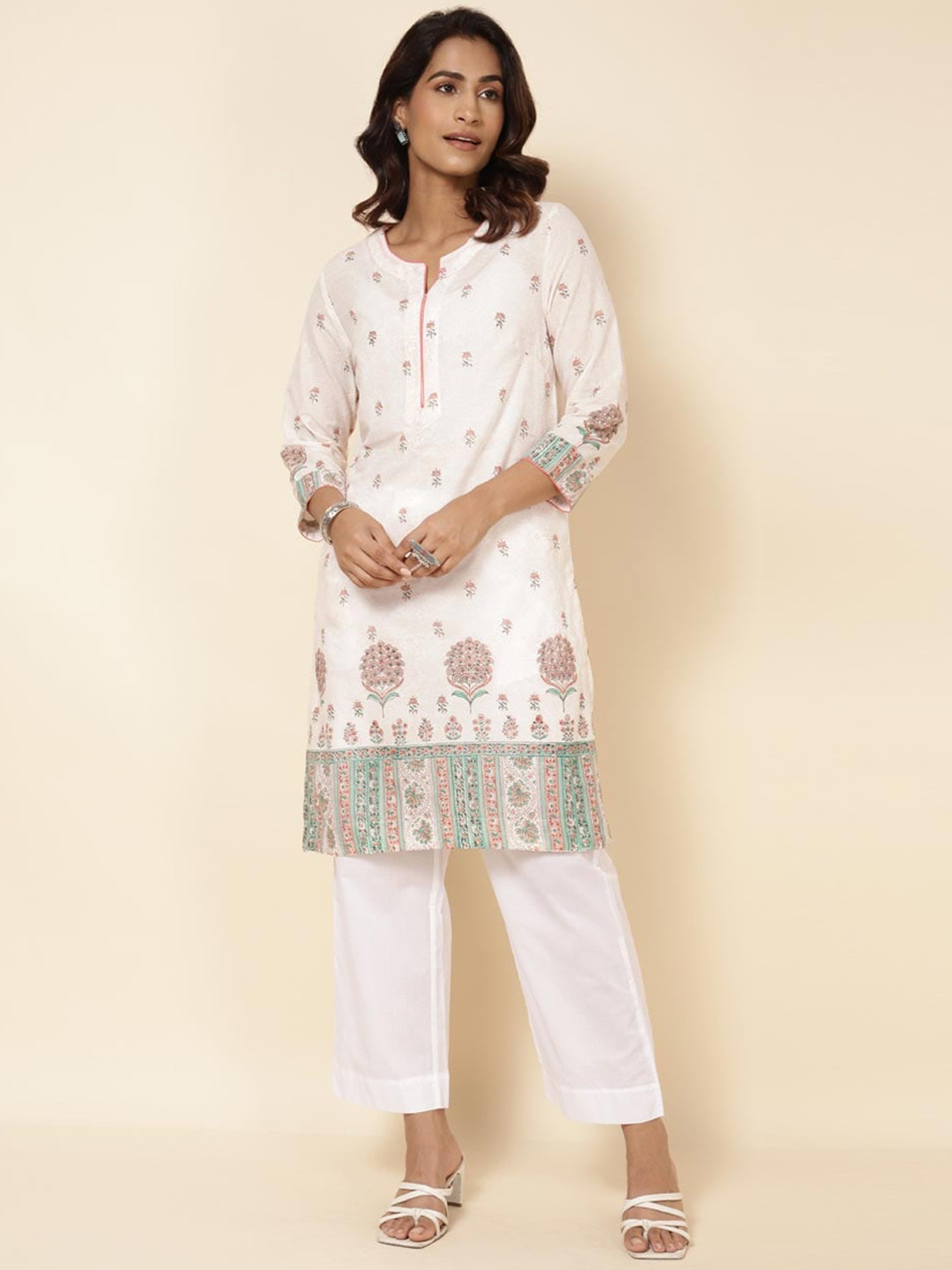 

Fabindia Ethnic Motifs Printed Cotton Kurta, White