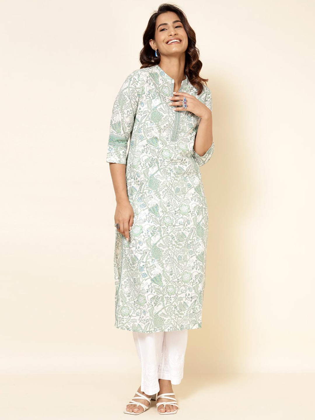 

Fabindia Floral Printed Band Collar Pure Cotton Kurta, Green