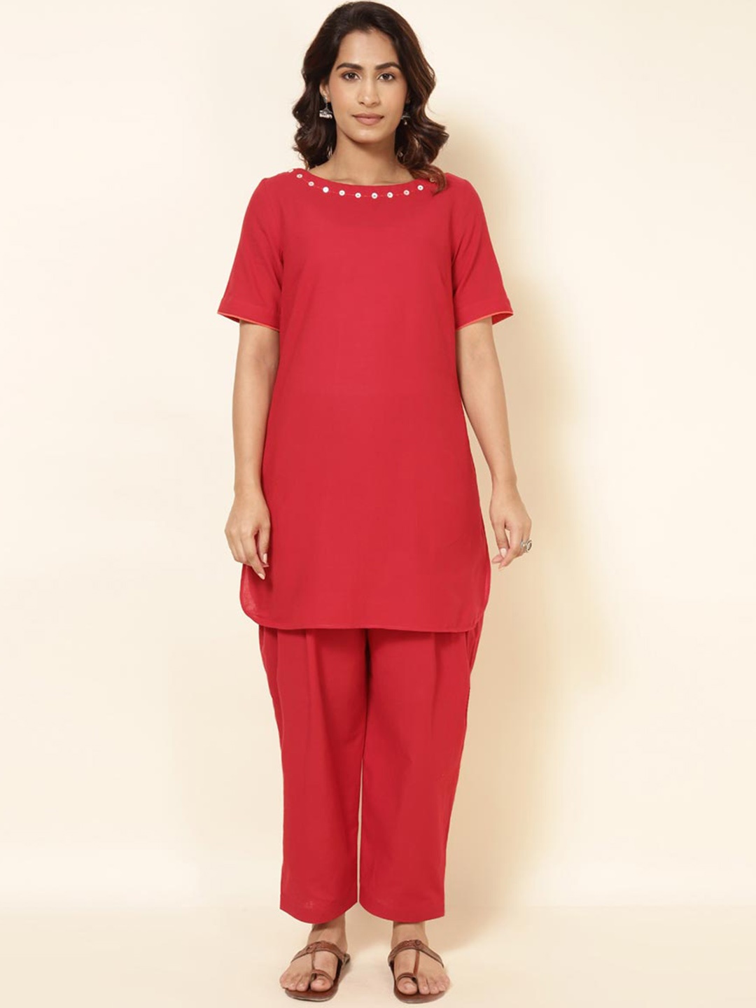 

Fabindia Boat Neck Pure Cotton Kurta with Salwar, Red