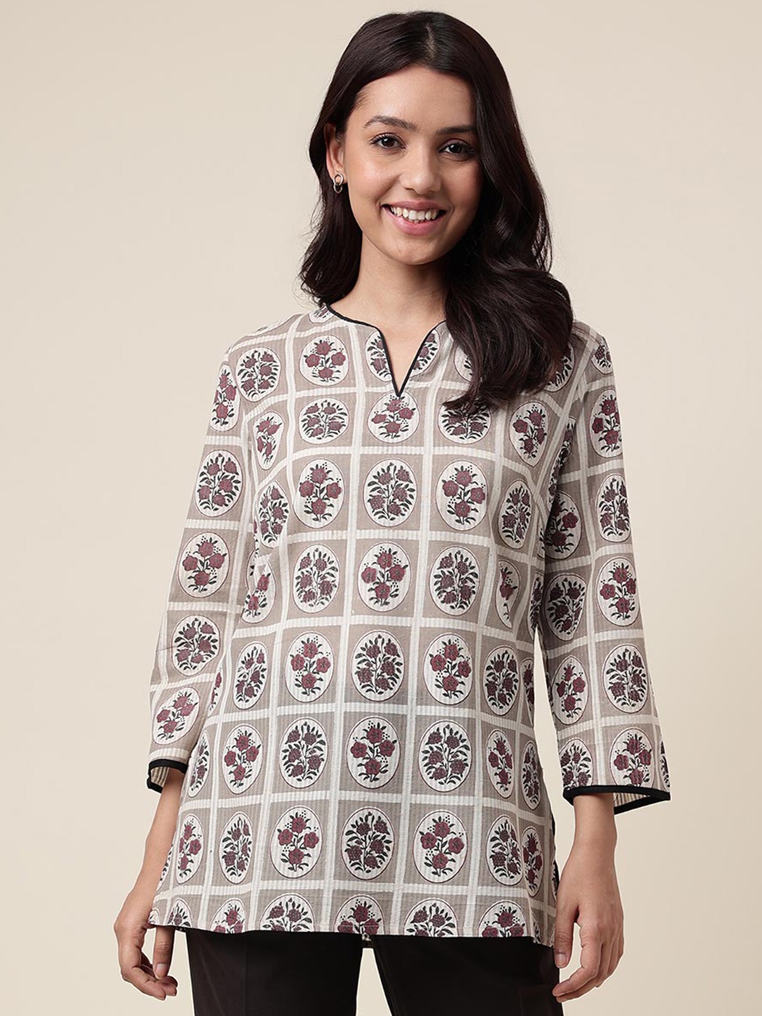 

Fabindia Floral Printed Cotton Kurta, Grey
