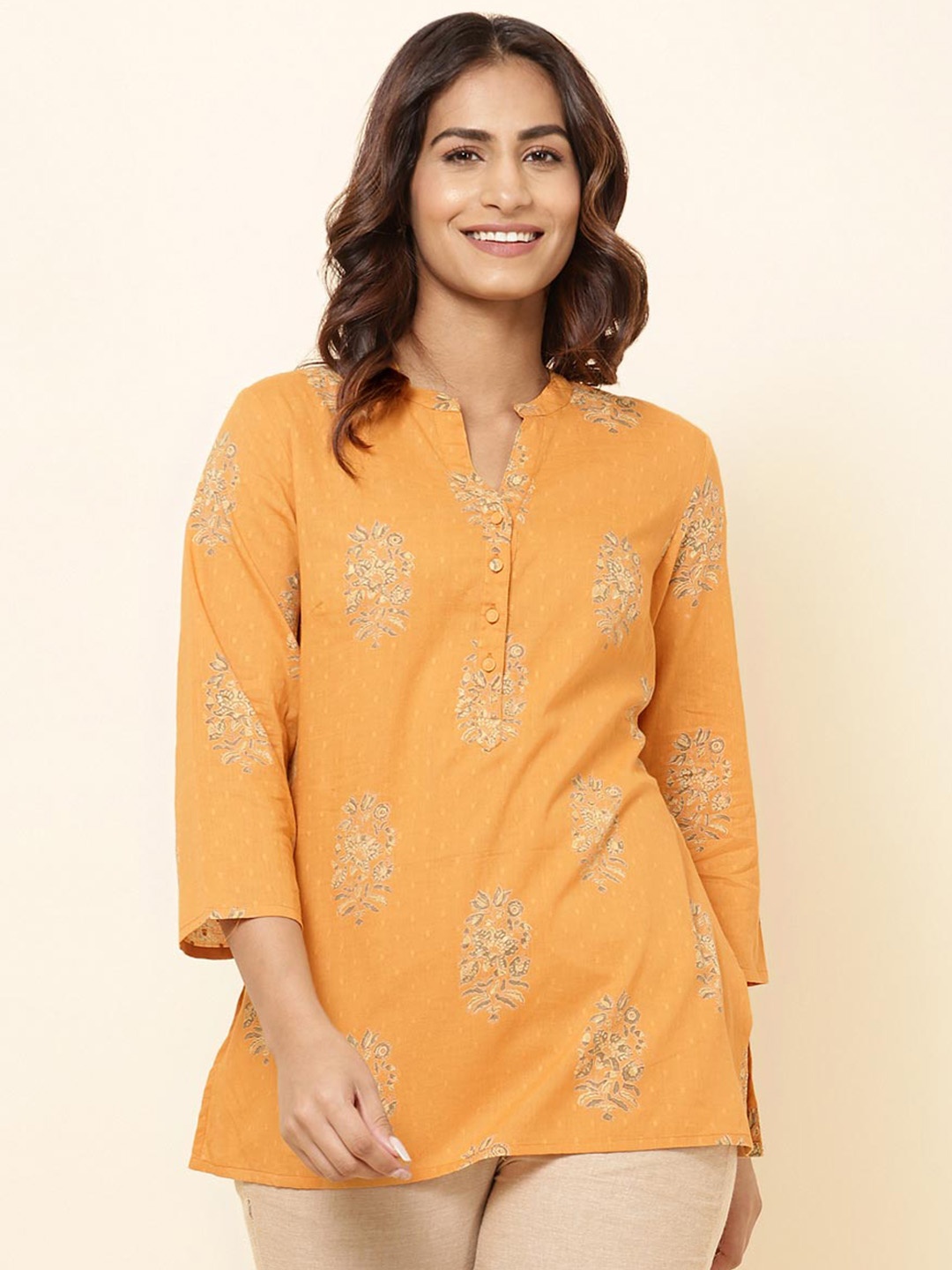 

Fabindia Ethnic Motifs Printed Cotton Kurta, Mustard