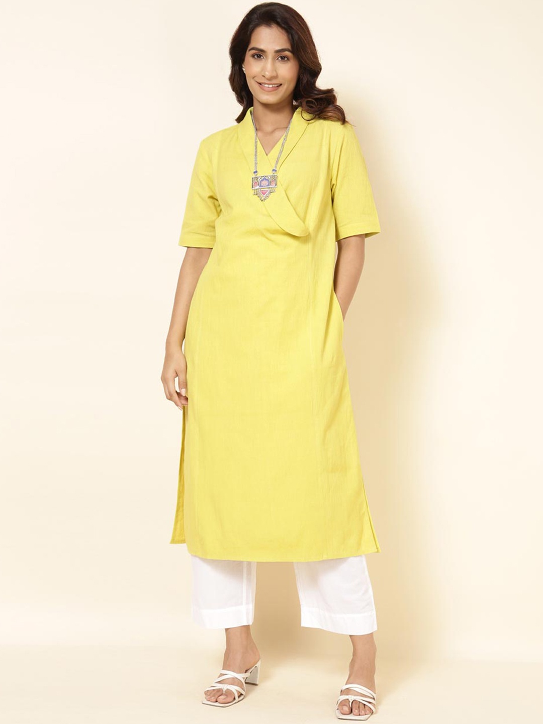 

Fabindia V-Neck Cotton Linen Kurta, Lime green