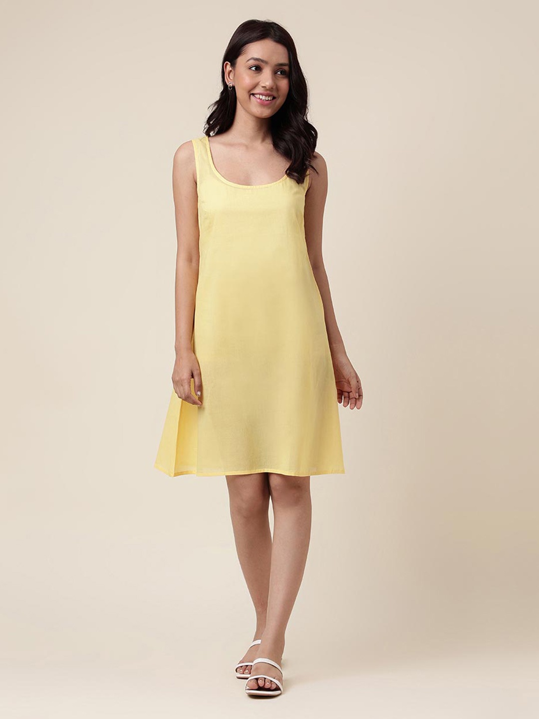 

Fabindia Gathered Chickankari Embroidered Tiered Tie-Up Neck Puff Sleeve A-Line Dress, Yellow