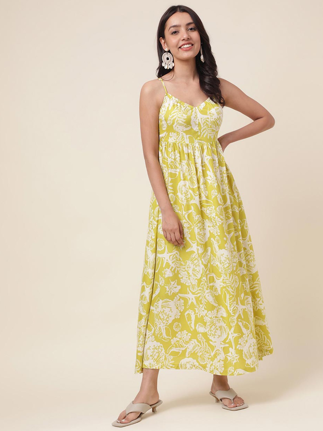 

Fabindia Gathered Tropical Printed Smocked Shoulder Strap Maxi Dress, Lime green