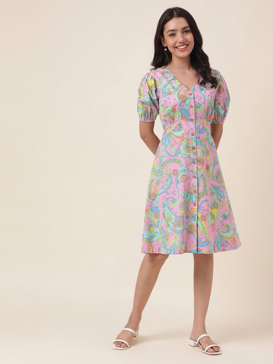 

Fabindia Pleated Ethnic Printed Puff Sleeve V-Neck Fit & Flare Dress, Pink