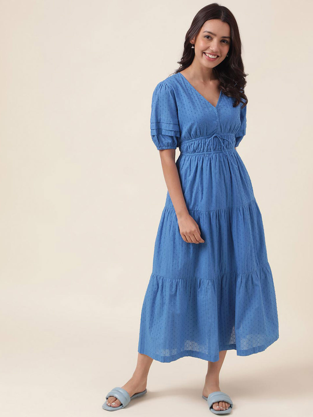 

Fabindia Gathered Layered V-Neck Cotton Midi A-Line Dress, Blue