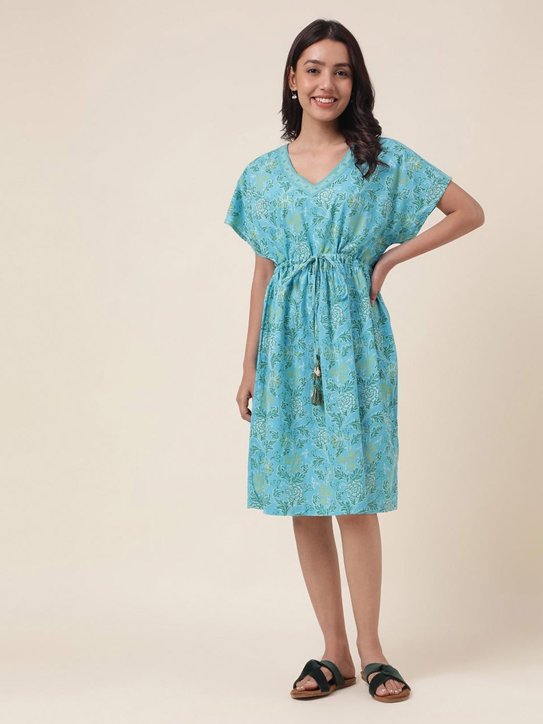 

Fabindia Gathered Floral Printed V-Neck A-Line Dress, Blue