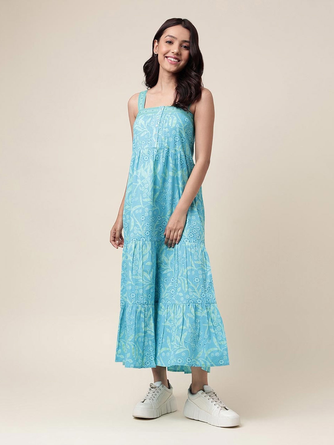 

Fabindia Gathered Floral Printed Tiered Shoulder Strap Midi A-Line Dress, Blue