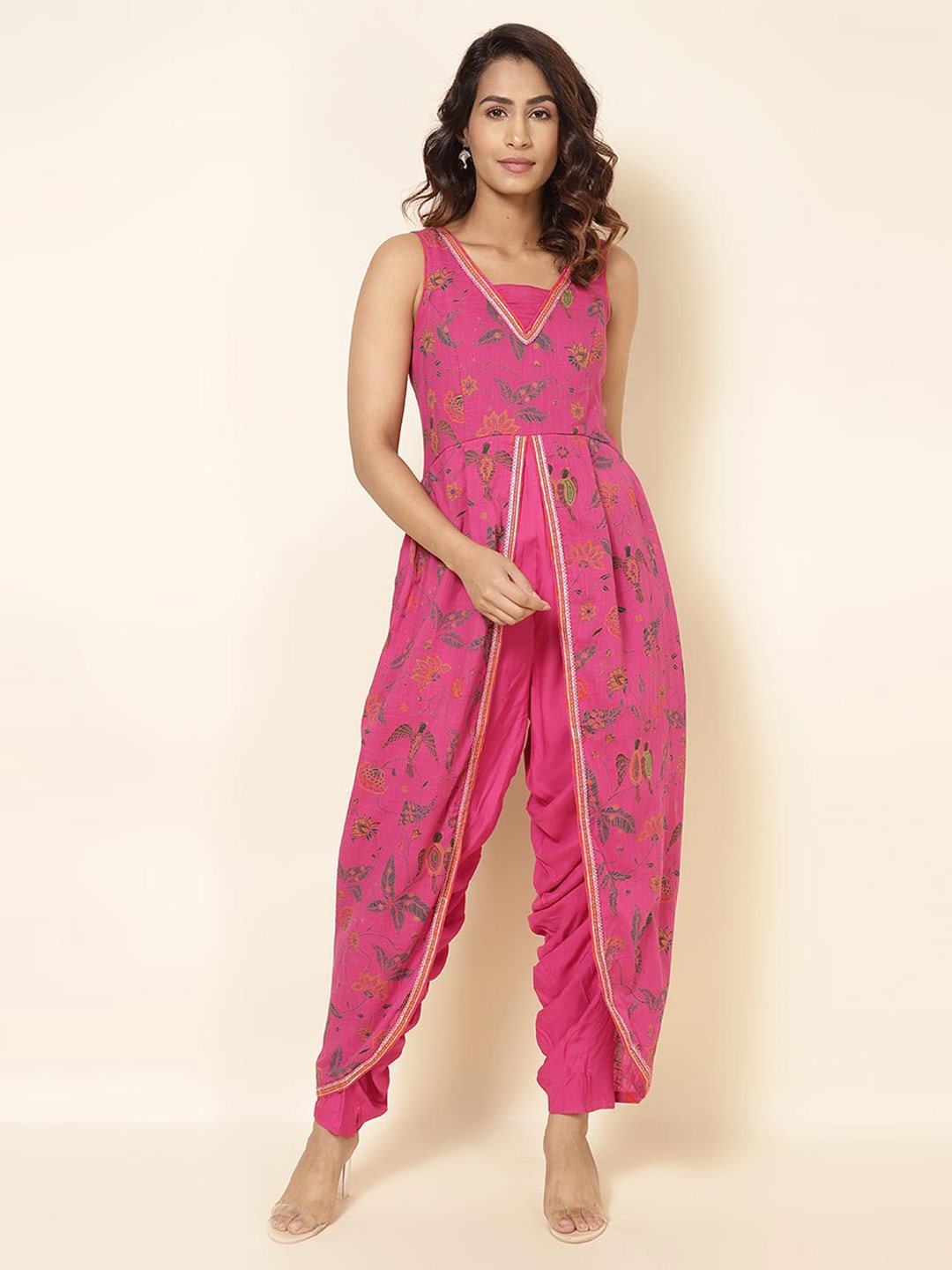 

Fabindia Floral Printed Cotton Basic Jumpsuit with Lace Inserts, Magenta