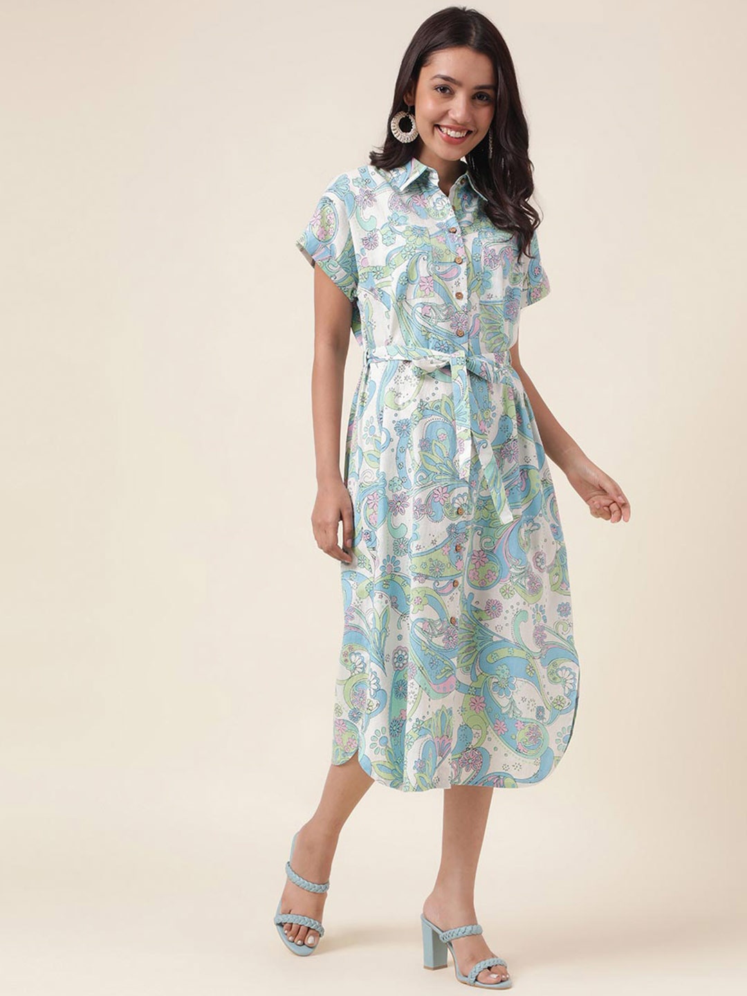 

Fabindia Ethnic Printed Collared Belted Midi Length Dress, Blue