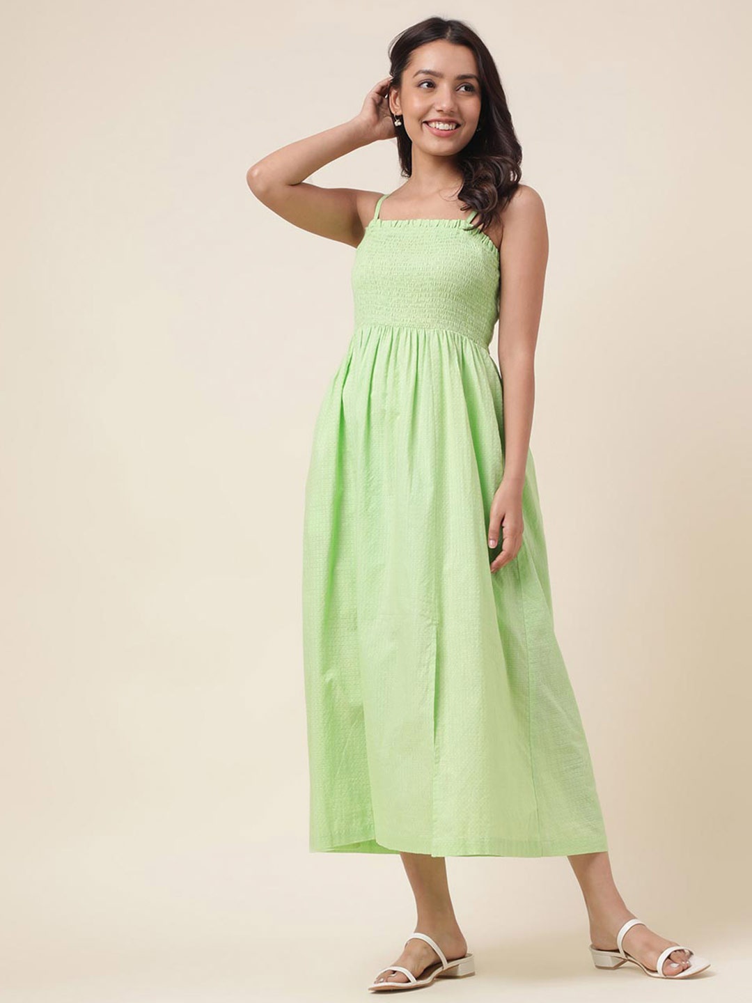 

Fabindia Smocked Shoulder Strap Fit & Flare Dress, Green