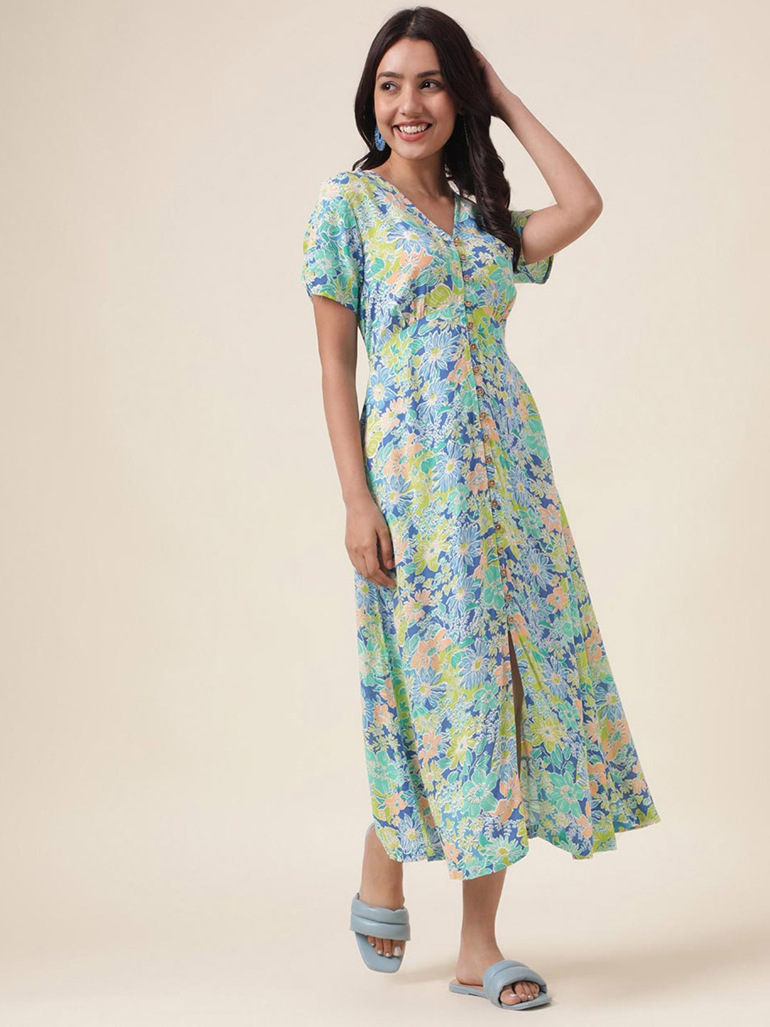 

Fabindia Floral Printed V-Neck Shirt Dress, Green