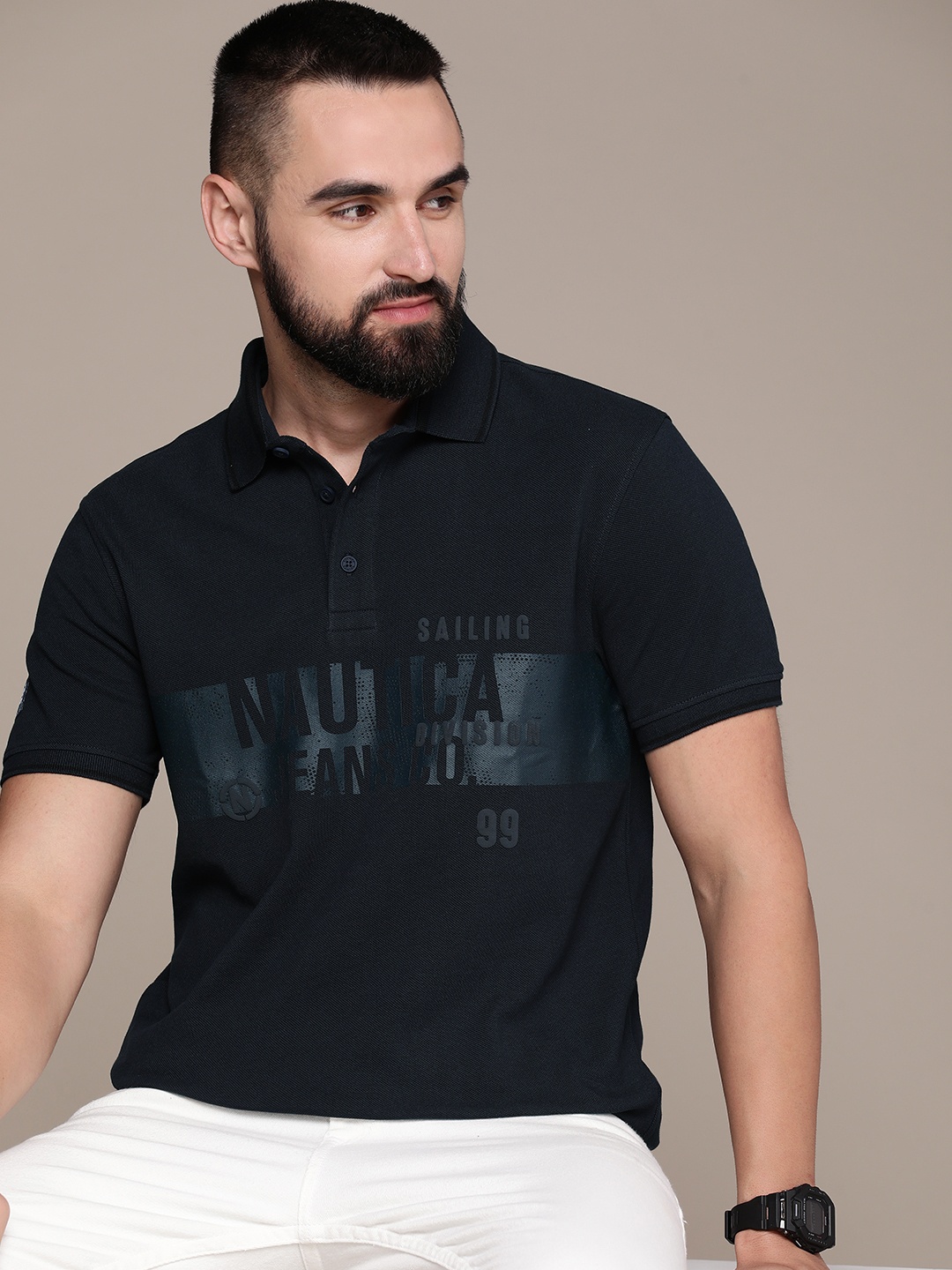 

Nautica Brand Logo Printed Polo Collar Pure Cotton Applique T-shirt, Navy blue