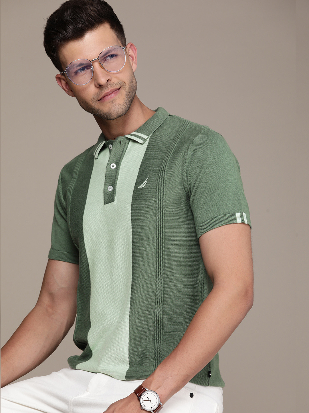 

Nautica Colourblocked Polo Collar Pure Cotton T-shirt, Green