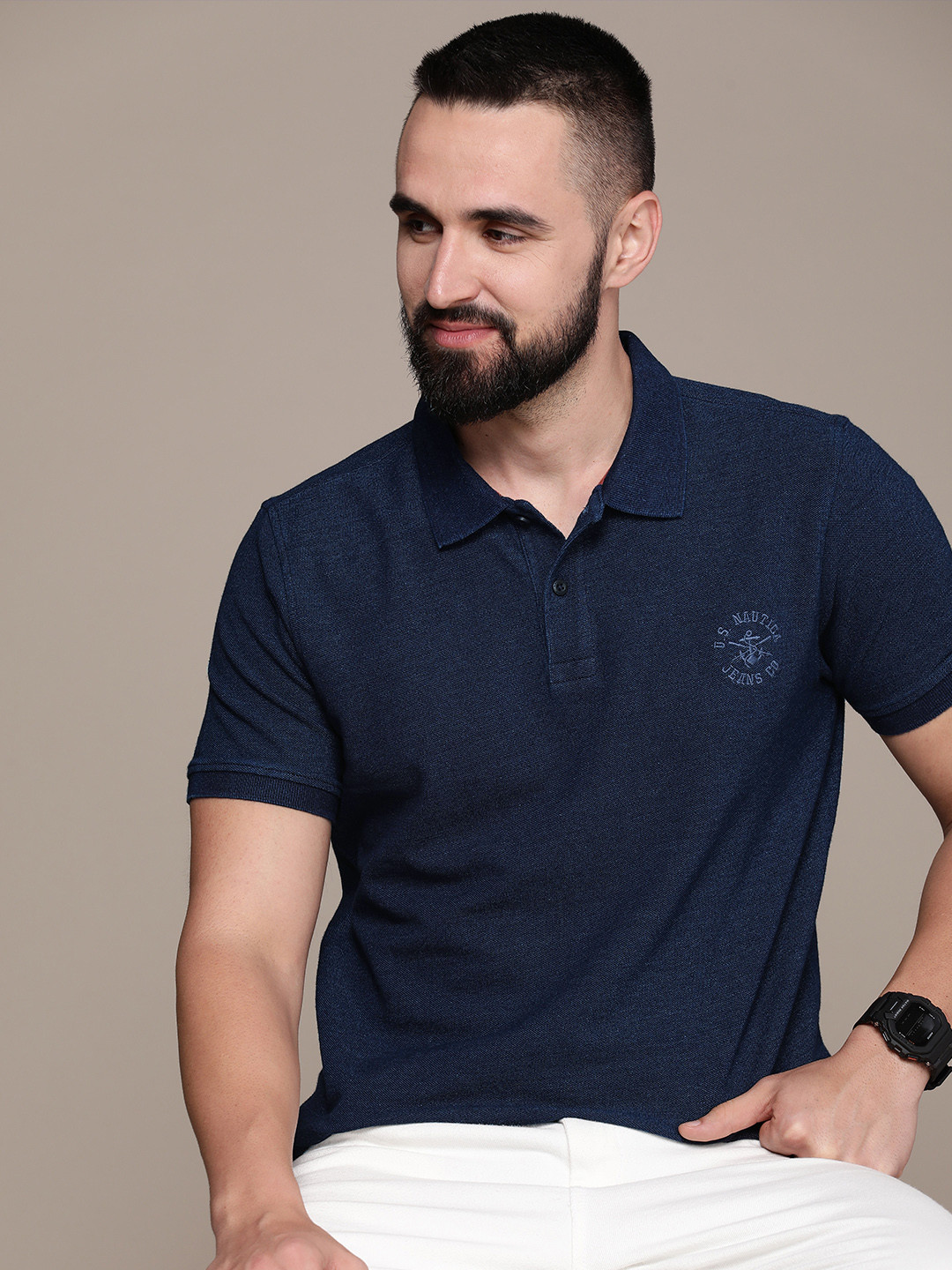 

Nautica Brand Logo Embroidered Polo Collar Pure Cotton T-shirt, Navy blue