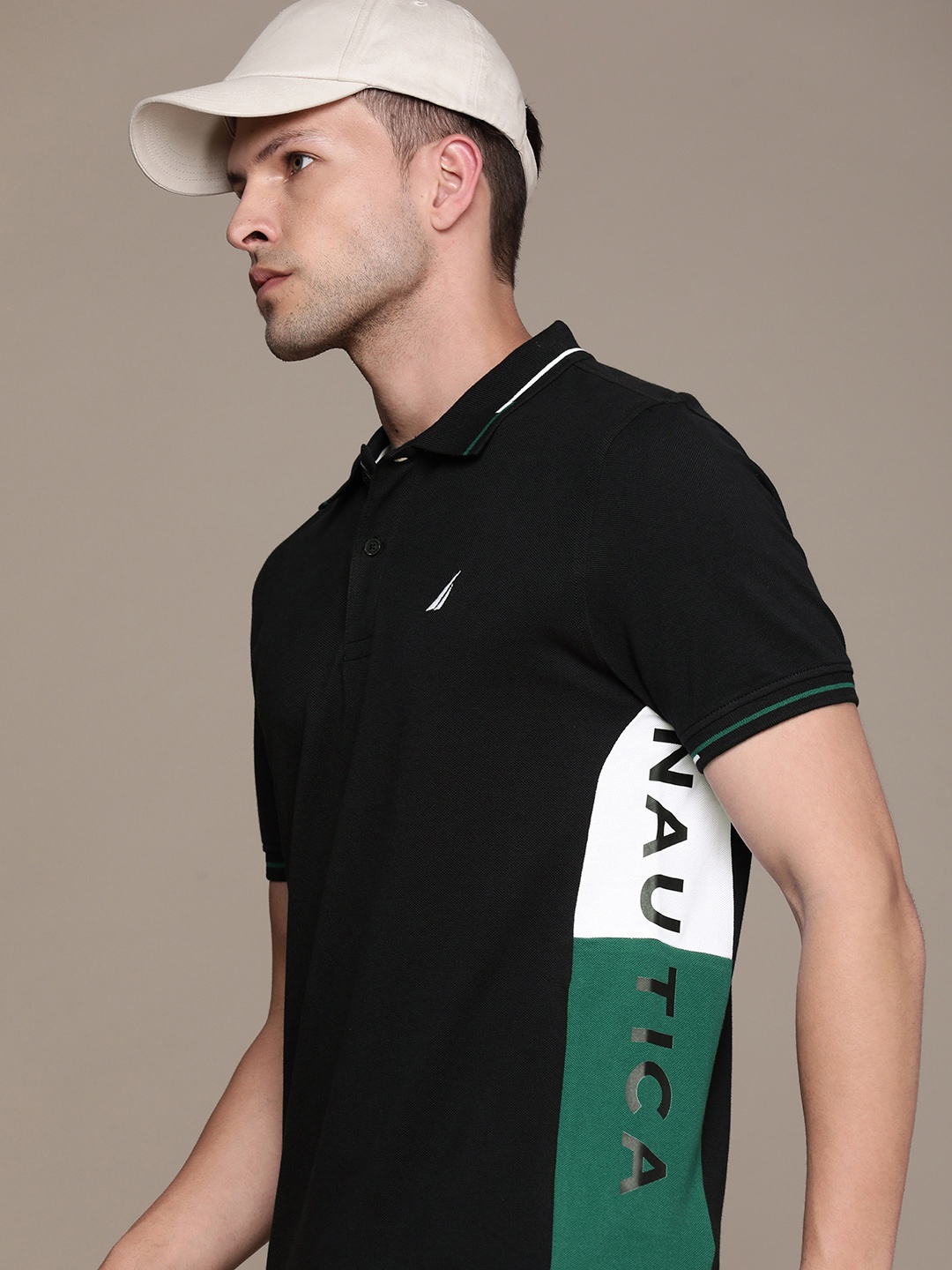 

Nautica Colourblocked Polo Collar Pure Cotton T-shirt, Black