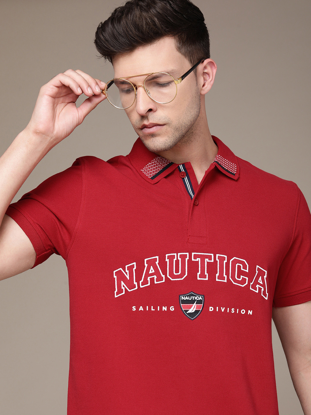 

Nautica Brand Logo Embroidered Polo Collar Pure Cotton T-shirt, Red