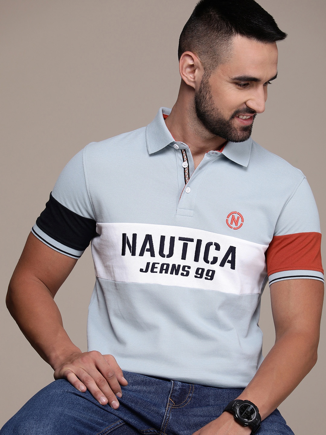 

Nautica Men Brand Logo Printed Polo Collar T-shirt, Blue