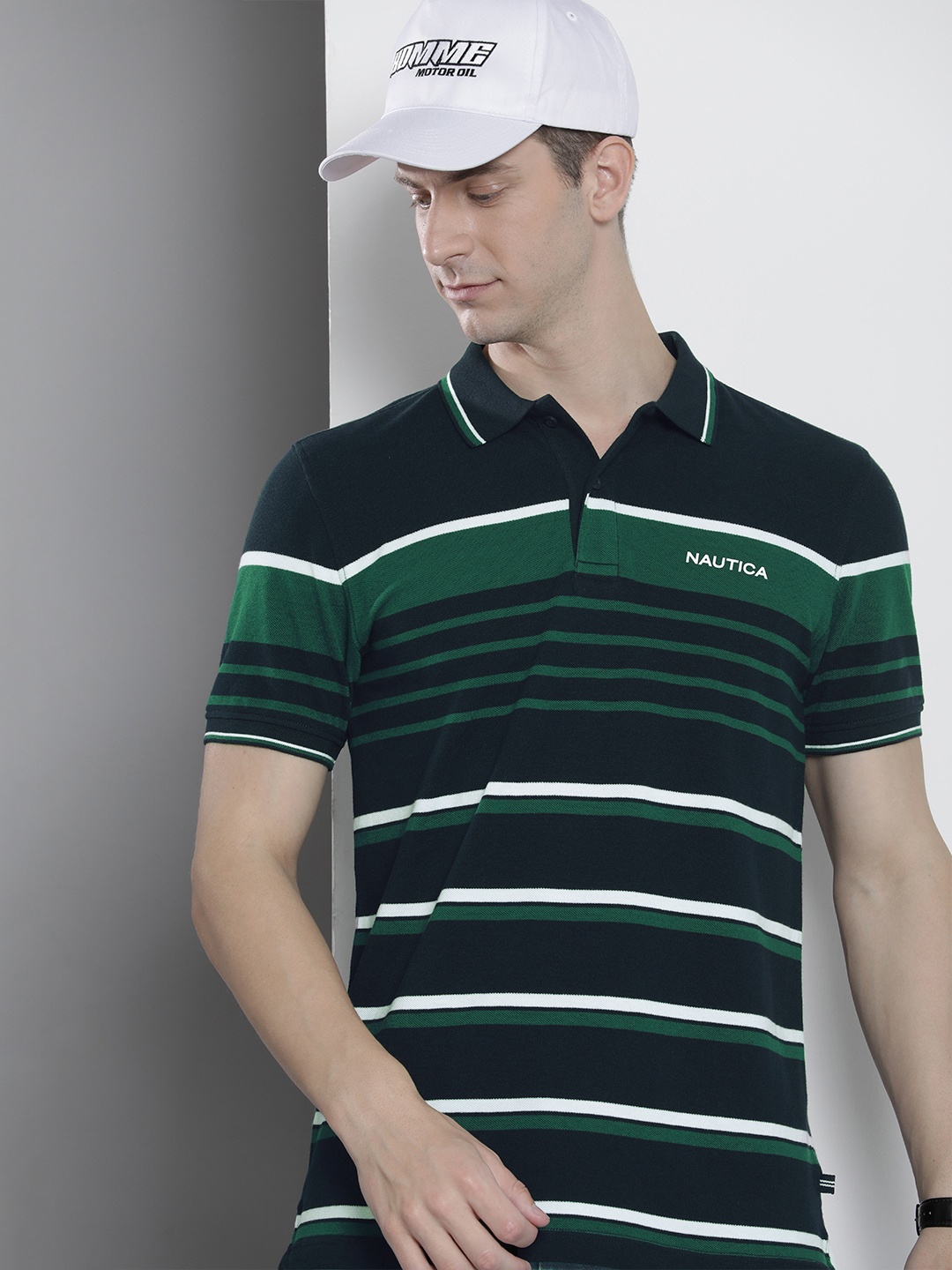 

Nautica Striped and Colourblocked Polo Collar Pure Cotton T-shirt, Navy blue