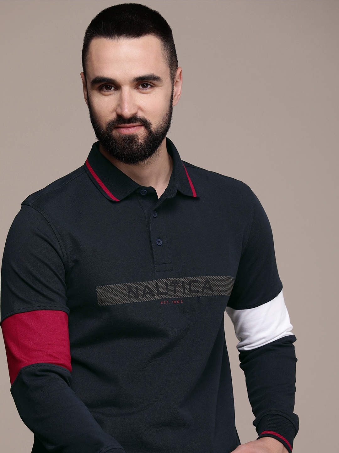 

Nautica Brand Logo Printed Polo Collar Pure Cotton T-shirt, Navy blue