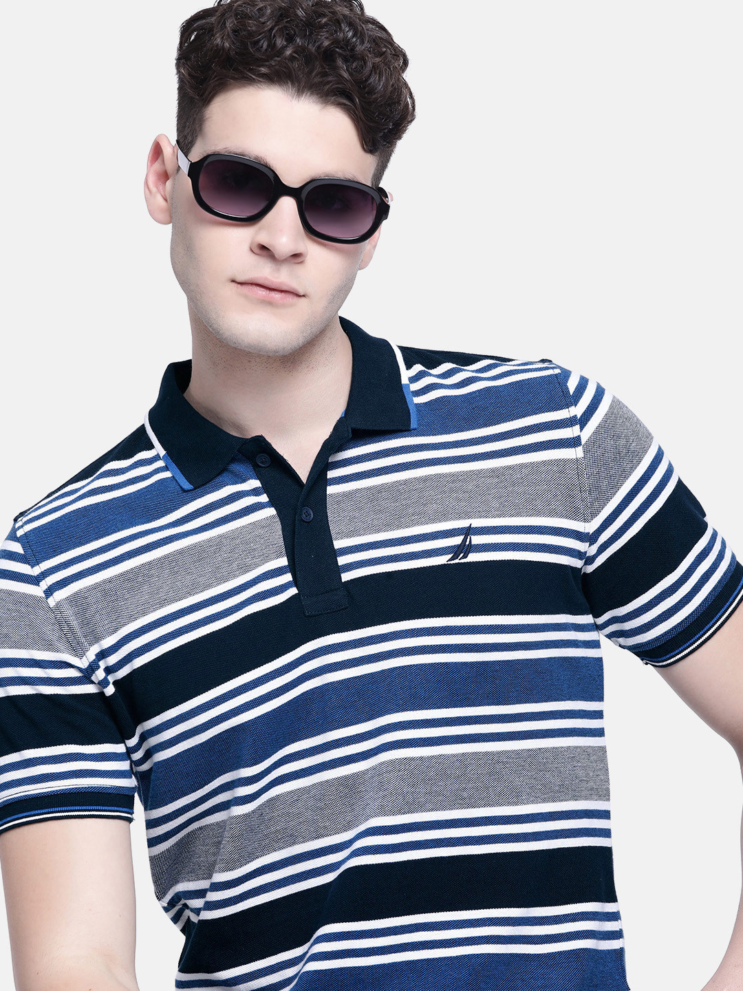 

Nautica Striped Polo Collar Pure Cotton T-shirt, Navy blue